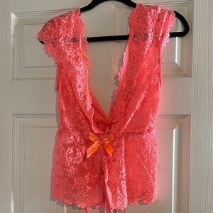 Women’s Lace Sleeveless Bodysuit in Coral Pink